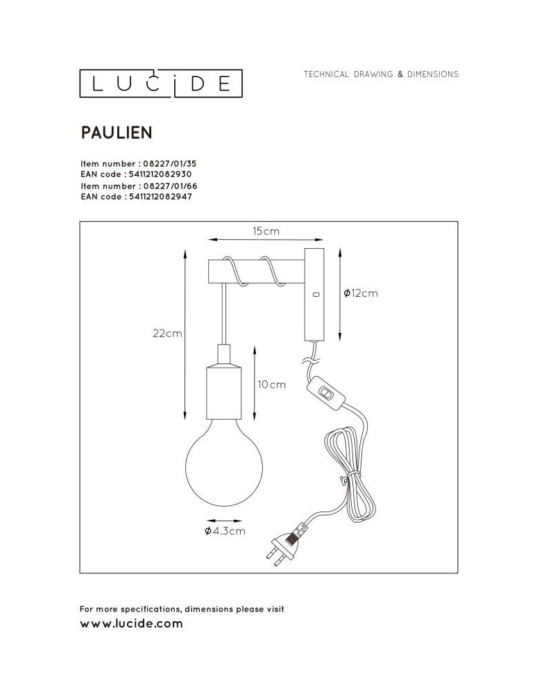 Lucide PAULIEN Ścienna Różowy 1xE27 Styl Nowoczesny 08227/01/66