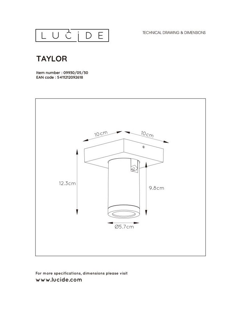 Lucide TAYLOR Reflektor Sufitowy Czarny 1xGU10 IP44 09930/05/30