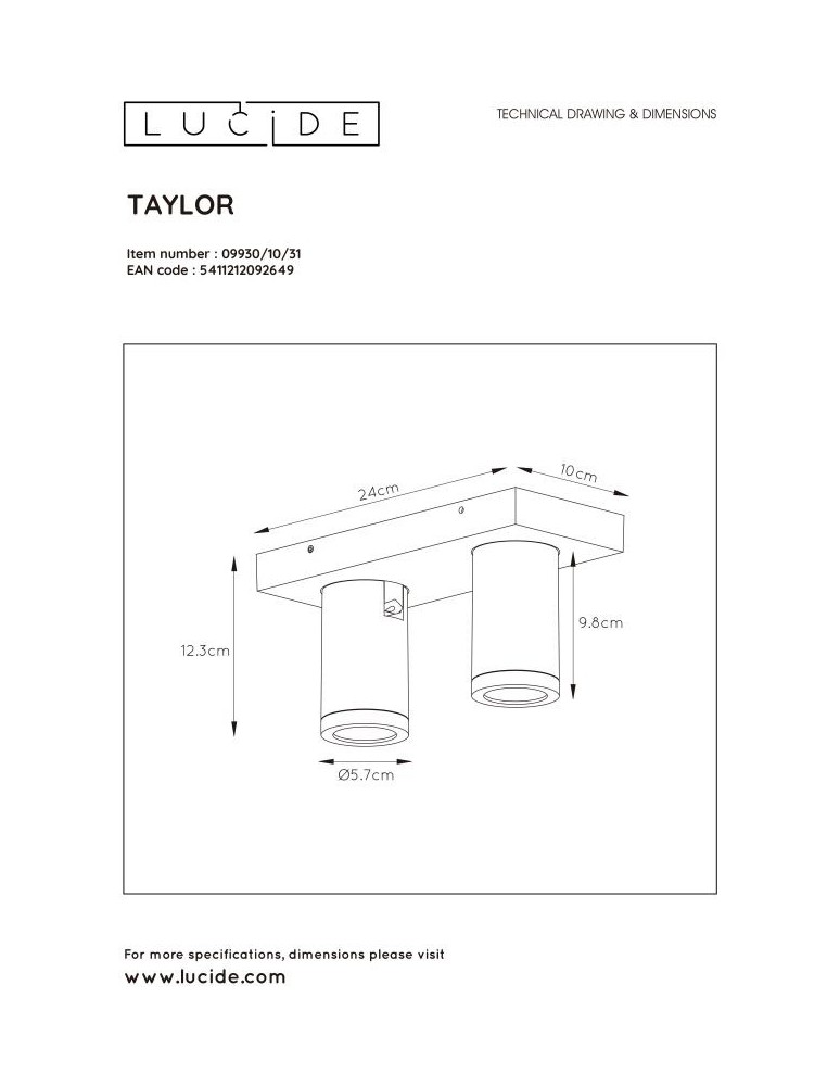 Lucide TAYLOR Reflektor Sufitowy Biały 2xGU10 IP44 09930/10/31