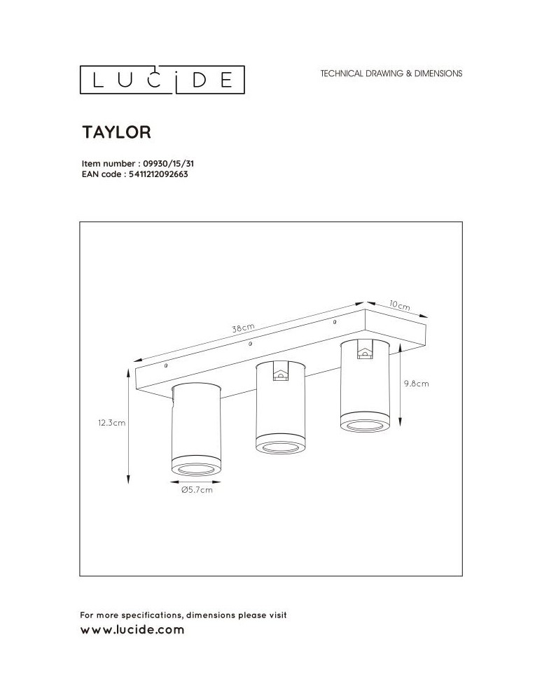 Lucide TAYLOR Reflektor Sufitowy Biały 3xGU10 IP44 09930/15/31
