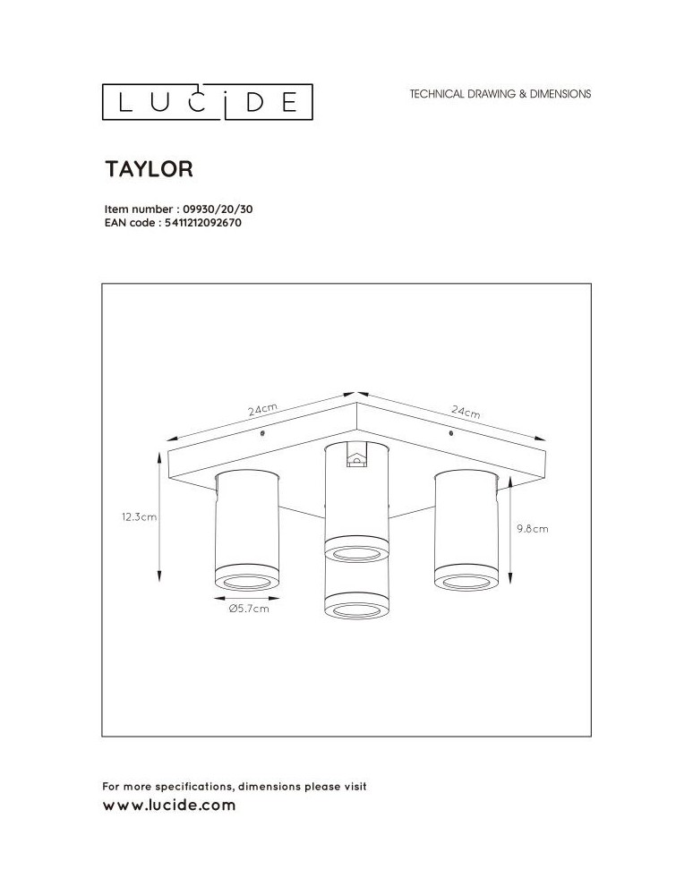 Lucide TAYLOR Reflektor Sufitowy Czarny 4xGU10 IP44 09930/20/30
