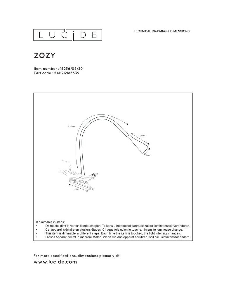 Lucide ZOZY Biurkowa z Uchwytem Czarny 1xLED Styl Nowoczesny 18256/03/30