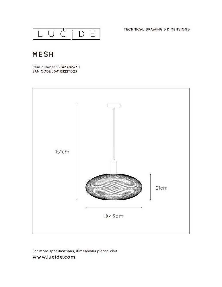 Lampy wiszące - Lucide MESH Wisząca Czarny 1xE27 Styl Nowoczesny 21423/45/30 - produkt kolory-swiatla.pl 7