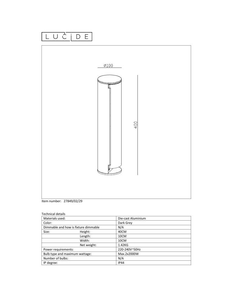 Lucide POWERPOINT Słupek Ogrodowy z Zasilaniem Antracytowy 0x Styl Nowoczesny IP44 27849/02/29