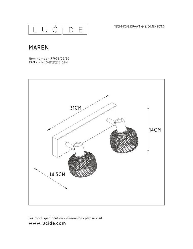 Lucide MAREN Reflektor Sufitowy Czarny 2xE14 Styl Retro 77978/02/30