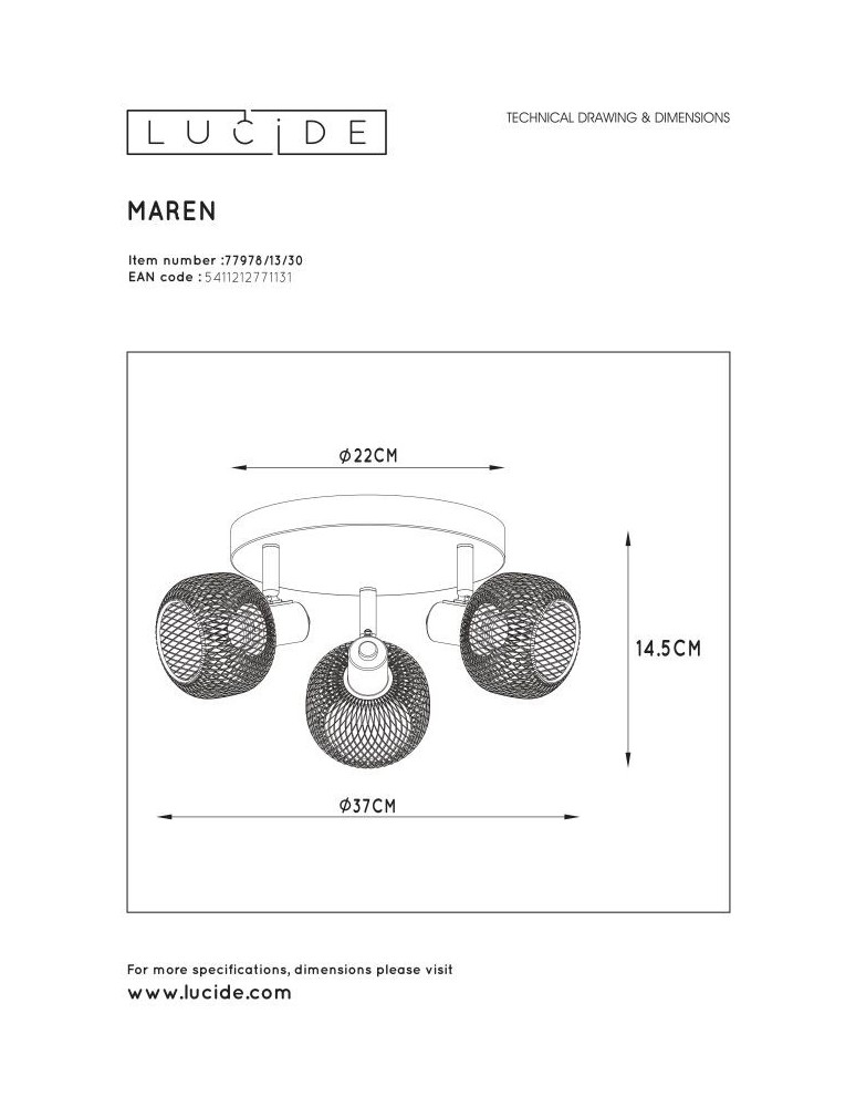 Lucide MAREN Reflektor Sufitowy Czarny 3xE14 Styl Retro 77978/13/30