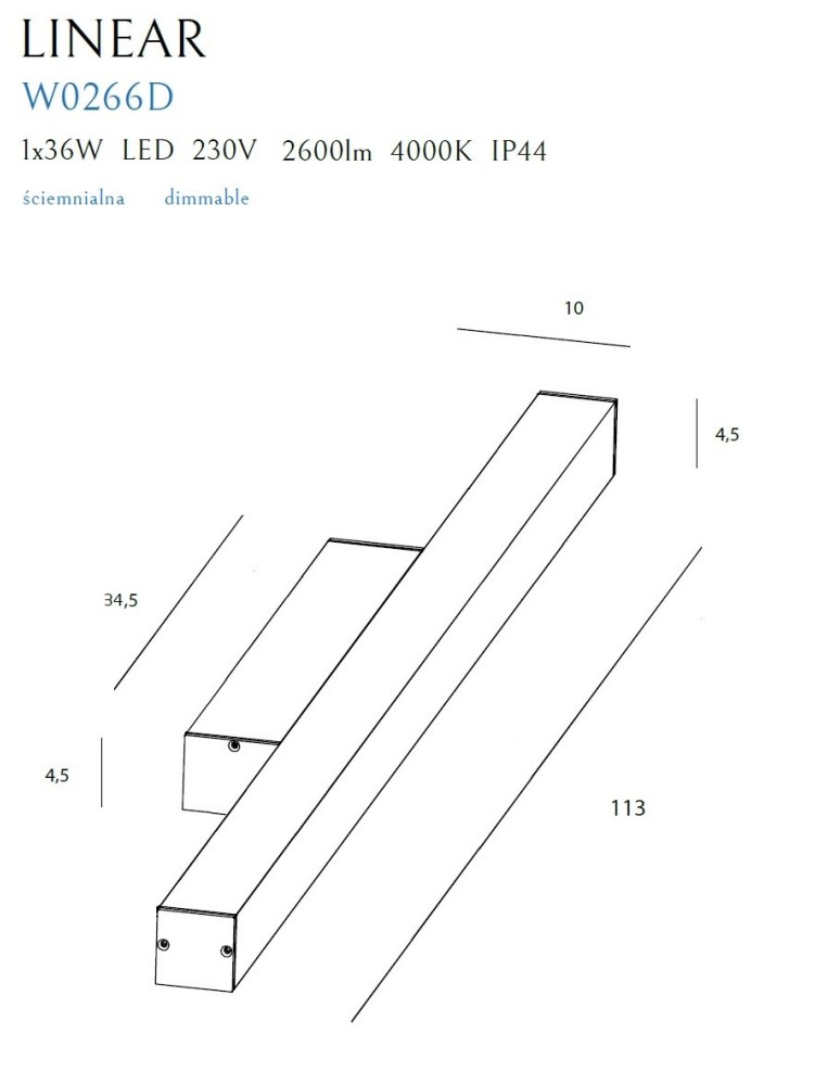 Maxlight Kinkiet Linear IP44 Black 36W 4000K Ściemnialny W0266