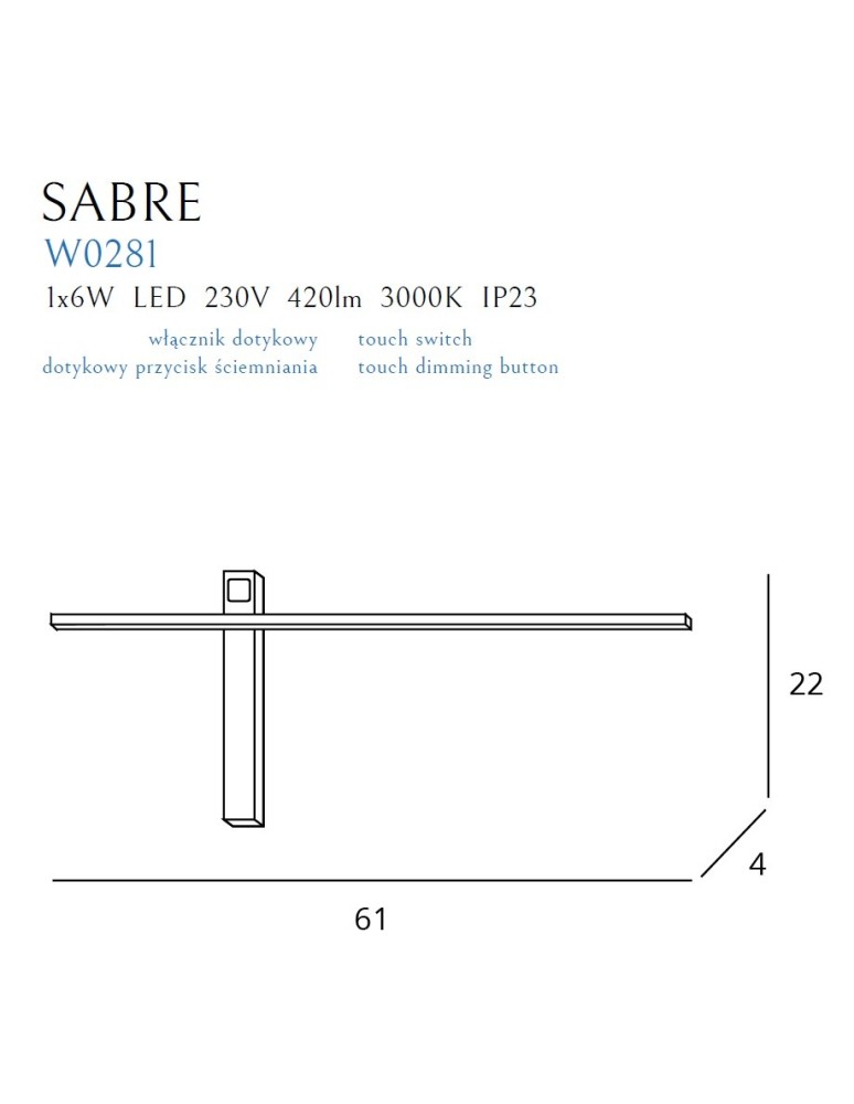 Maxlight Kinkiet Sabre 61 cm Czarny IP23, Ściemnialny Z Włącznikiem Dotykowym W0281