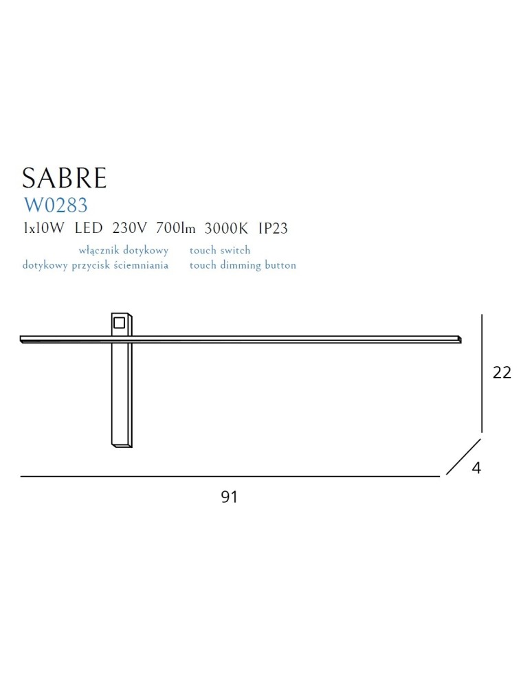 Maxlight Kinkiet Sabre 91 cm Czarny IP23, Ściemnialny Z Włącznikiem Dotykowym w0283