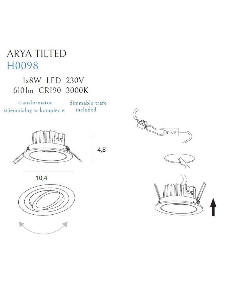 Maxlight Oprawa Wpustowa Max Arya Tilted White 8W Ściemnialna H0098