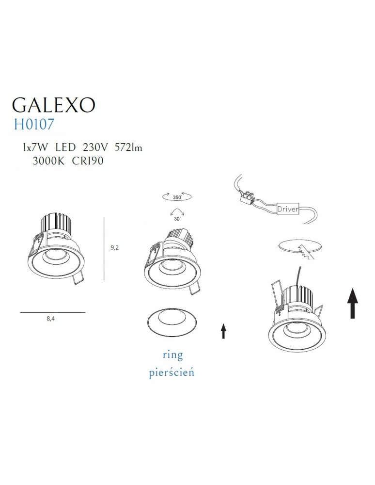 Maxlight Oprawa Wpustowa Galexo LED 7W Czarna H0107