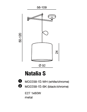 AZzardo NATALIA S Biały AZ1924+AZ2592 (w komplecie abażur 50cm biały) Wisząca - produkt 2