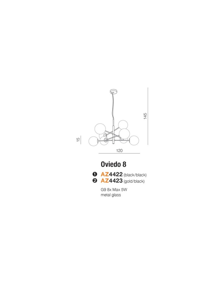 AZzardo OVIEDO 8 8xG9 Złoty/Czarny Wisząca AZ4423