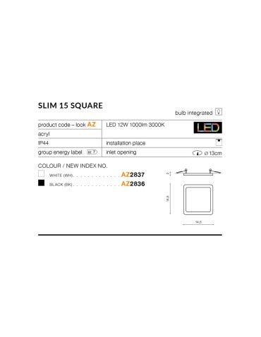 Azzardo SLIM SQUARE 15 LED 12W 1000lm 4000K IP44 Czarny Wpuszczana AZ4377 - produkt 2