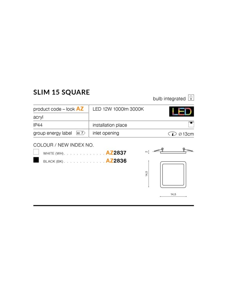 Azzardo SLIM SQUARE 15 LED 12W 1000lm 4000K IP44 Czarny Wpuszczana AZ4377