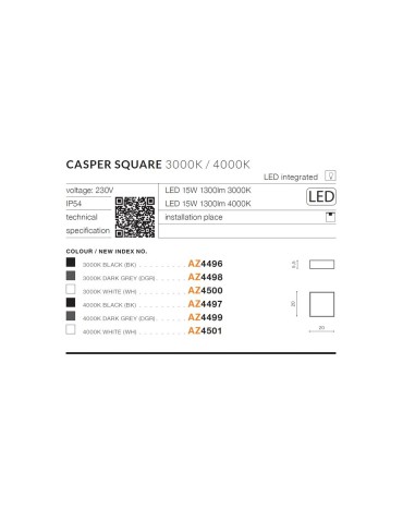 Azzardo CASPER SQUARE IP54 LED 15W 1300lm 4000K Zewnętrzna Biały Sufitowa AZ4501 - produkt 2