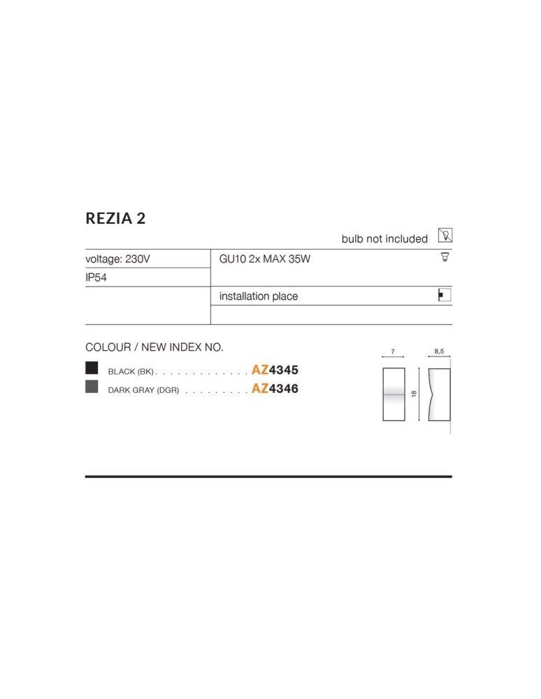Azzardo REZIA 2 IP54 2xGU10 Zewnętrzna Czarny Ścienna AZ4345