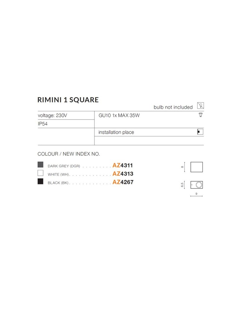 Azzardo RIMINI 1 SQUARE IP54 1xGU10 Zewnętrzna Czarny Ścienna AZ4267