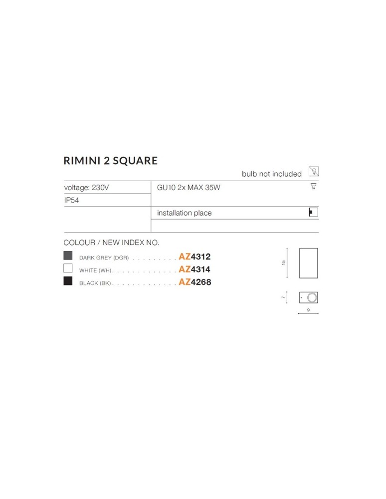 Azzardo RIMINI 2 SQUARE IP54 2xGU10 Zewnętrzna Czarny Ścienna AZ4268