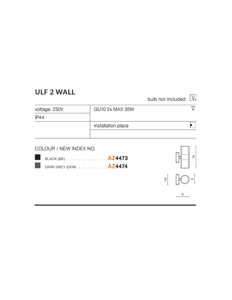 Kinkiety zewnętrzne - Azzardo ULF 2 IP44 2xGU10 Zewnętrzna Ciemny Szary Ścienna AZ4474 - product kolory-swiatla.pl 2
