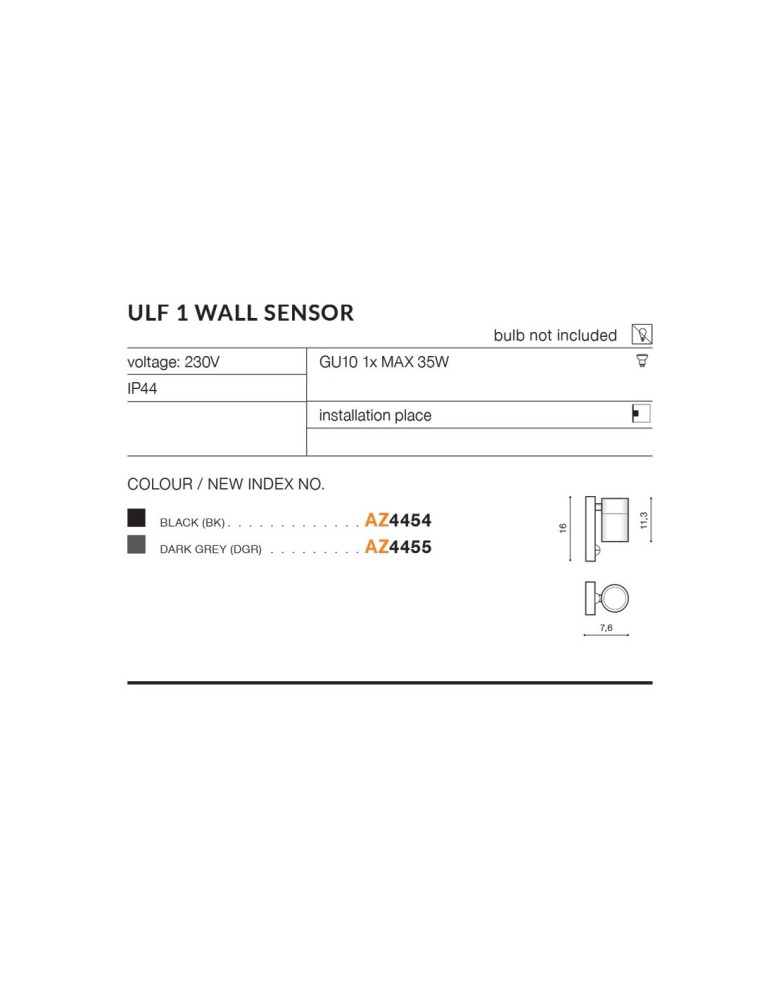 Lampy zewnętrzne z czujnikiem ruchu - Azzardo ULF 1 IP44 SENSOR 1xGU10 Zewnętrzna Czarny Ścienna AZ4454 - product kolory-swiatla.pl 2