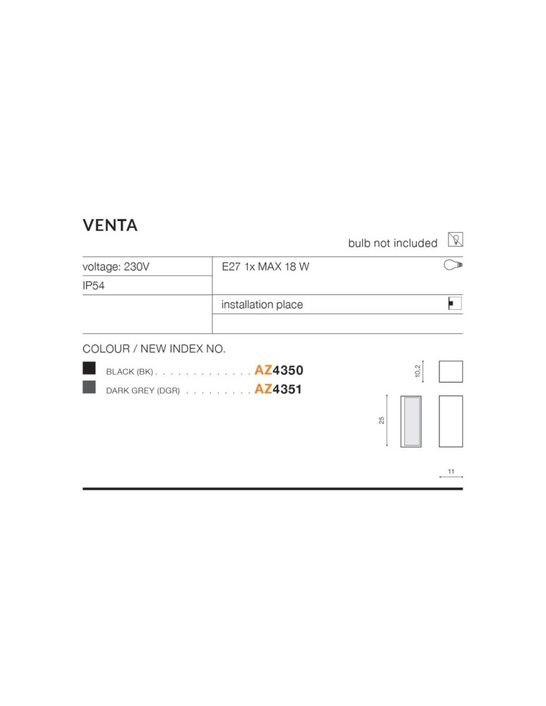 Azzardo VENTA IP54 1xE27 Zewnętrzna Czarny Ścienna AZ4350