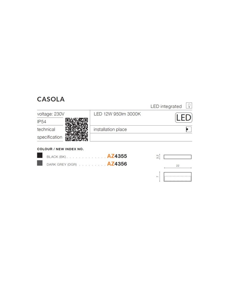 Azzardo CASOLA IP54 LED 12W 950lm 3000K Zewnetrzna Czarny Ścienna AZ4355