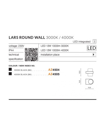 Azzardo LARS ROUND IP54 LED 13W 1000lm 4000K Zewnętrzna Czarny Ścienna AZ4505 - produkt 2