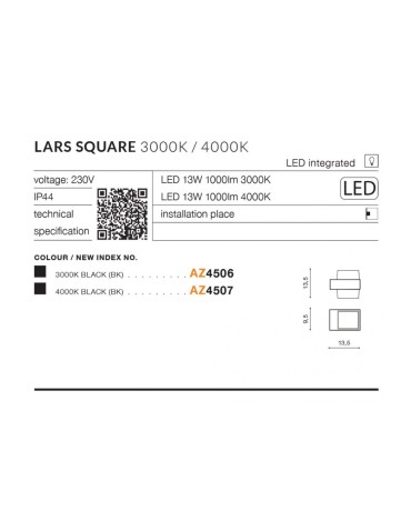 Azzardo LARS SQUARE IP54 LED 13W 1000lm 4000K Zewnętrzna Czarny Ścienna AZ4507 - produkt 2