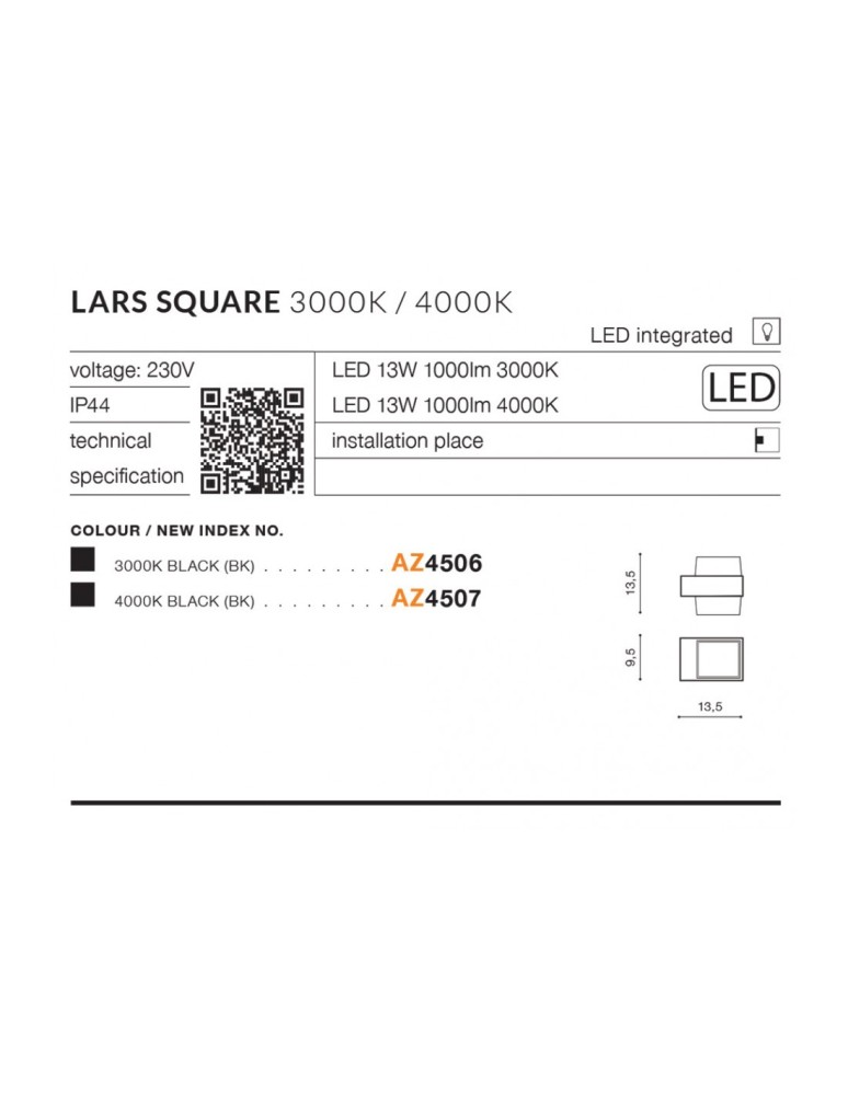 Kinkiety zewnętrzne - Azzardo LARS SQUARE IP54 LED 13W 1000lm 4000K Zewnętrzna Czarny Ścienna AZ4507 - product kolory-swiatla.pl 2