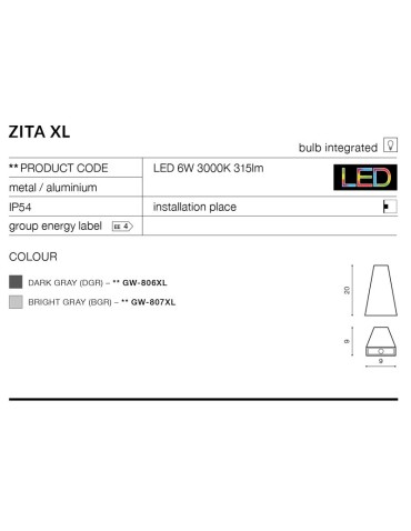 Azzardo ZITA XL IP54 LED 6W 450lm 3000K Zewnętrzna Jasny Szary Ścienna AZ2201 - produkt 2