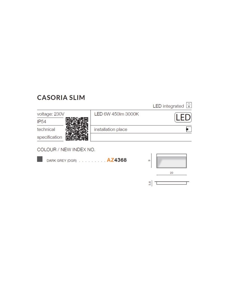 Azzardo CASORIA SLIM IP54 LED 6W 450lm 3000K Zewnętrzna Ciemny Szary Ścienna AZ4368