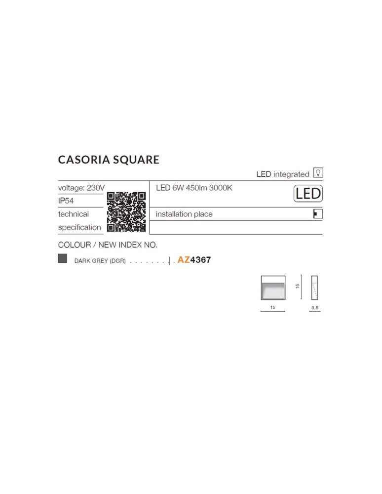 Azzardo CASORIA SQUARE IP54 LED 6W 450lm 3000K Zewnętrzna Ciemny Szary Ścienna AZ4367