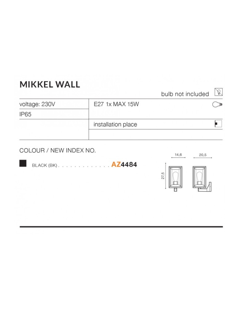 Azzardo MIKKEL IP54 1xE27 Zewnętrzna Czarny Ścienna AZ4484