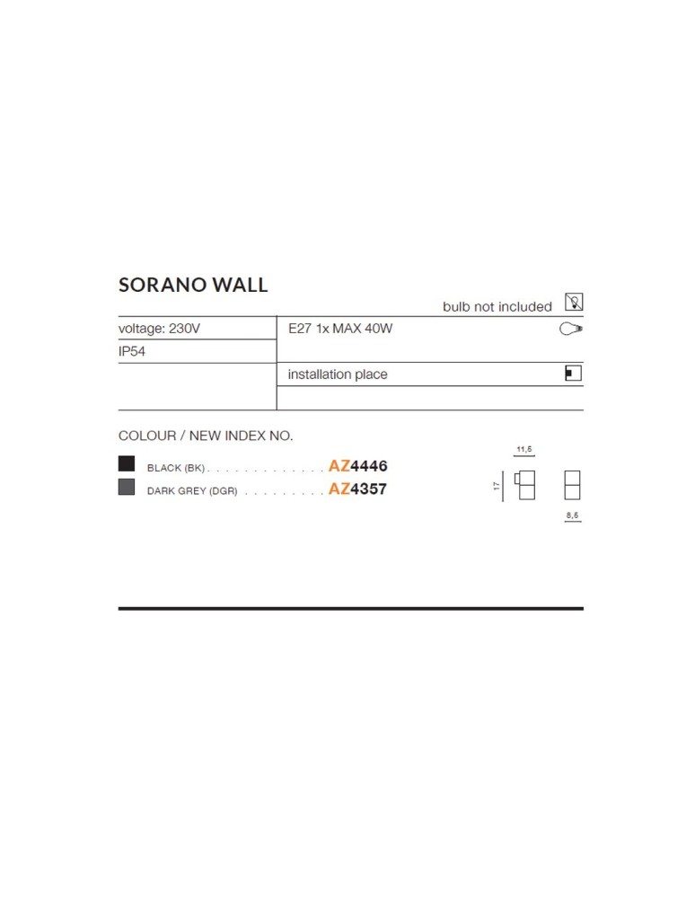 Azzardo SORANO WALL IP44 1xE27 Zewnętrzna Czarny Ścienna AZ4446