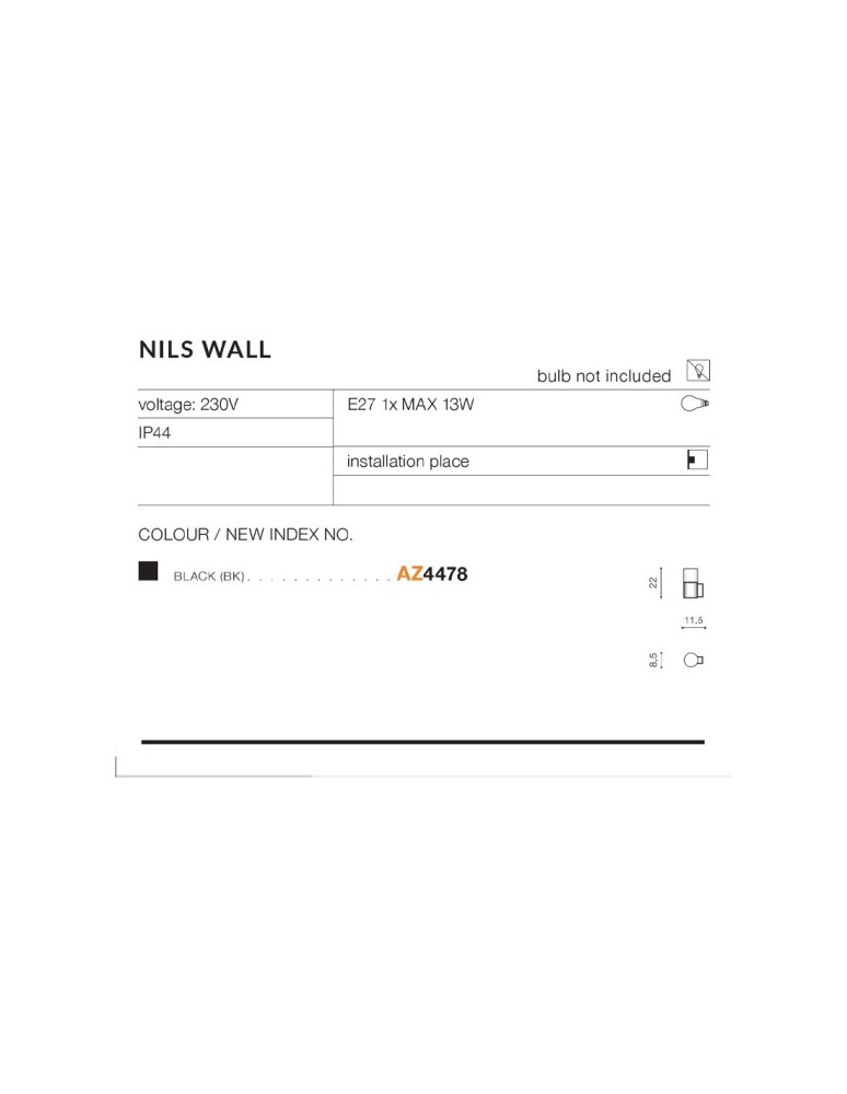 Azzardo NILS WALL IP44 1xE27 Zewnętrzna Czarny Ścienna AZ4478