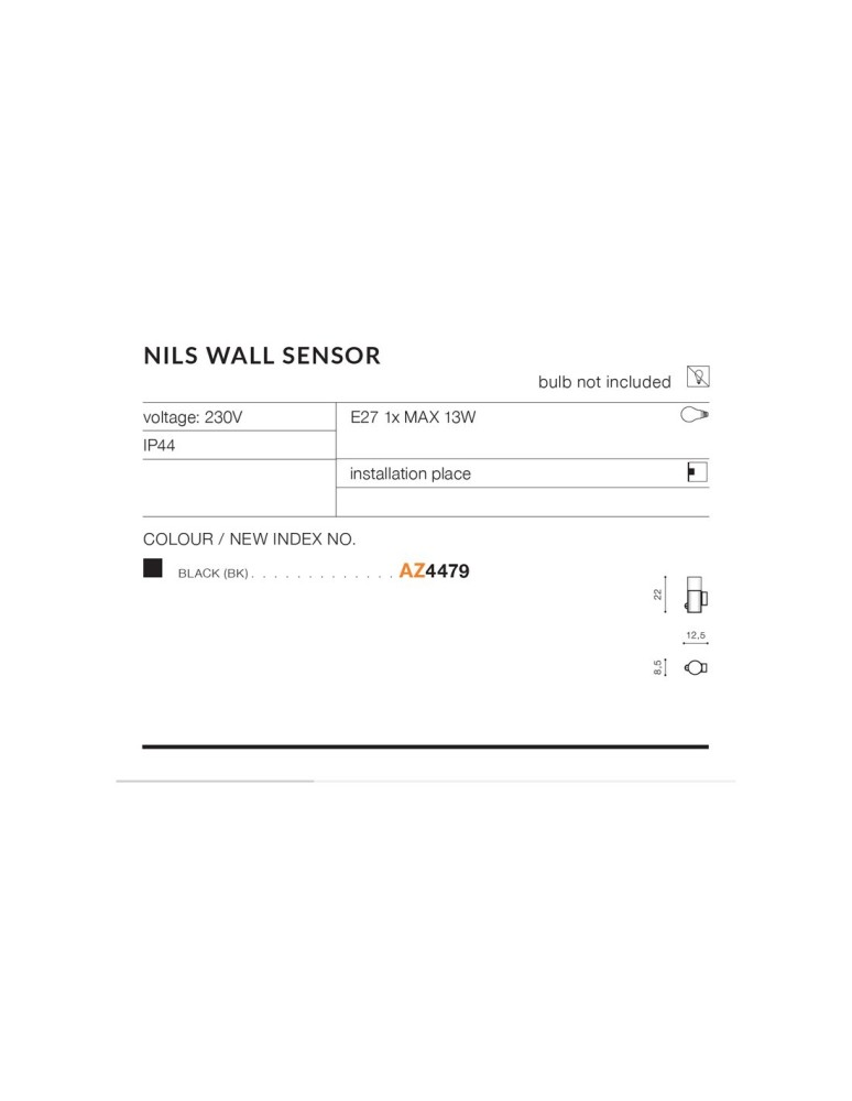 Lampy zewnętrzne z czujnikiem ruchu - Azzardo NILS WALL SENSOR IP44 1xE27 Zewnętrzna Czarny Ścienna AZ4479 - product kolory-swiatla.pl 2