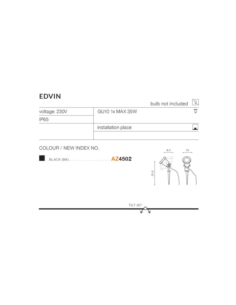 Azzardo EDVIN IP65 1xGU10 Zewnętrzna Czarny Gruntowa AZ4502