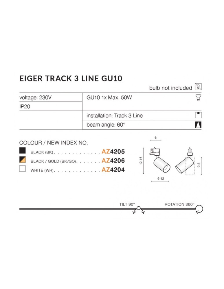 Azzardo EIGER TRACK 3 LINE 1xGU10 Czarny/Złoty Reflektor Do Szynoprzewodu 3F AZ4206