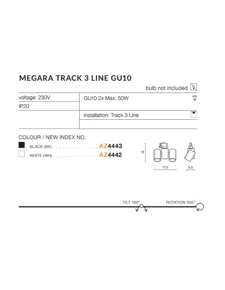 Lampy do szynoprzewodów 3 fazowych - Azzardo MEGARA TRACK 3 LINE 2xGU10 Biały Reflektor Do Szynoprzewodu 3F AZ4442 - product kolory-swiatla.pl 2
