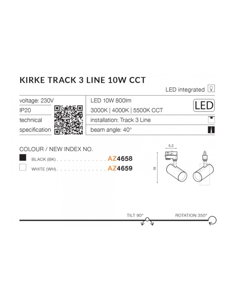 Azzardo KIRKE TRACK 3 LINE LED 10W 800lm 3000K/4000K/5500K Czarny Reflektor Do Szynoprzewodu 3F AZ4658