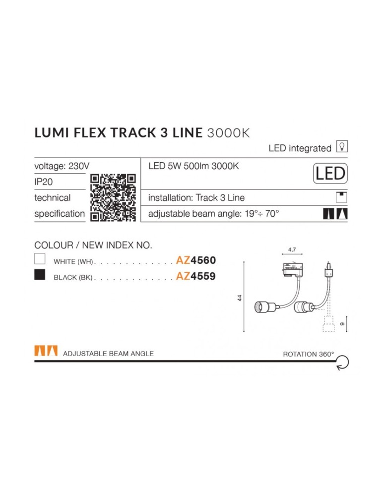 Azzardo LUMI TRACK 3 LINE LED 5W 500lm 3000K Czarny Reflektor Do Szynoprzewodu 3F AZ4557