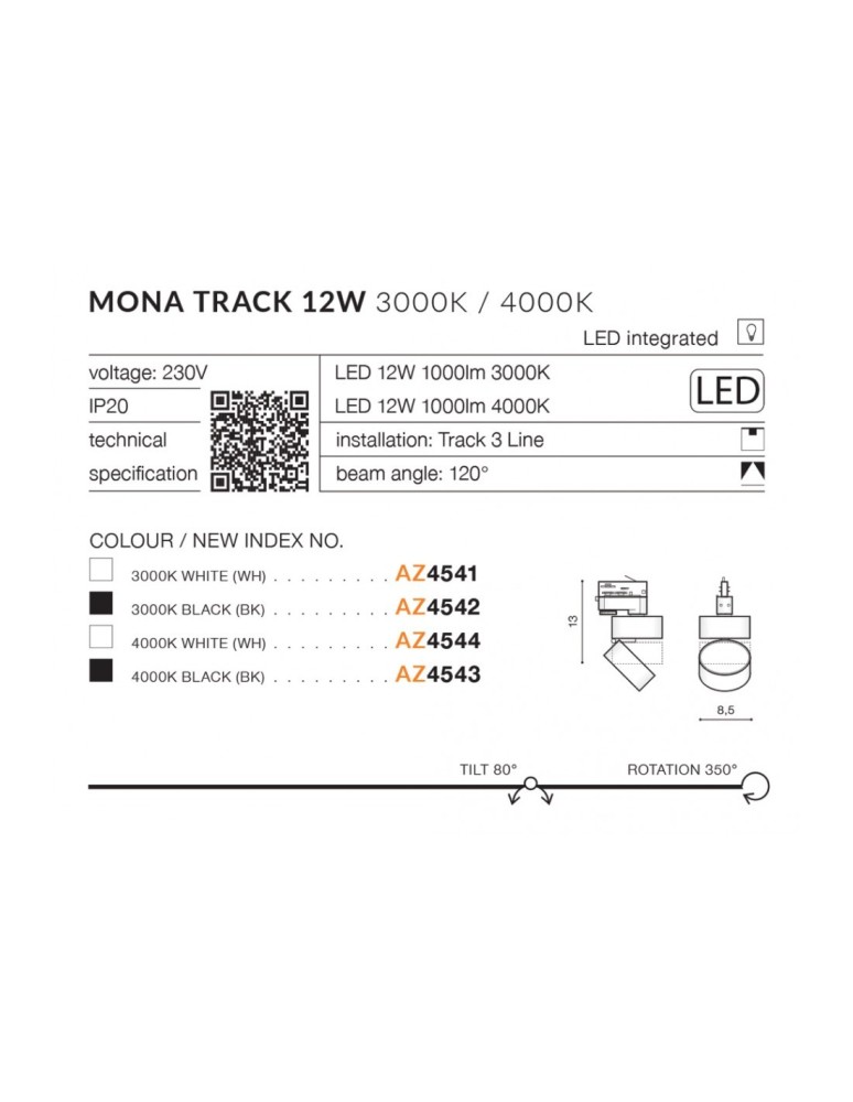 Azzardo MONA TRACK 3 LINE LED 12W 1000lm 3000K Czarny Reflektor Do Szynoprzewodu 3F AZ4542