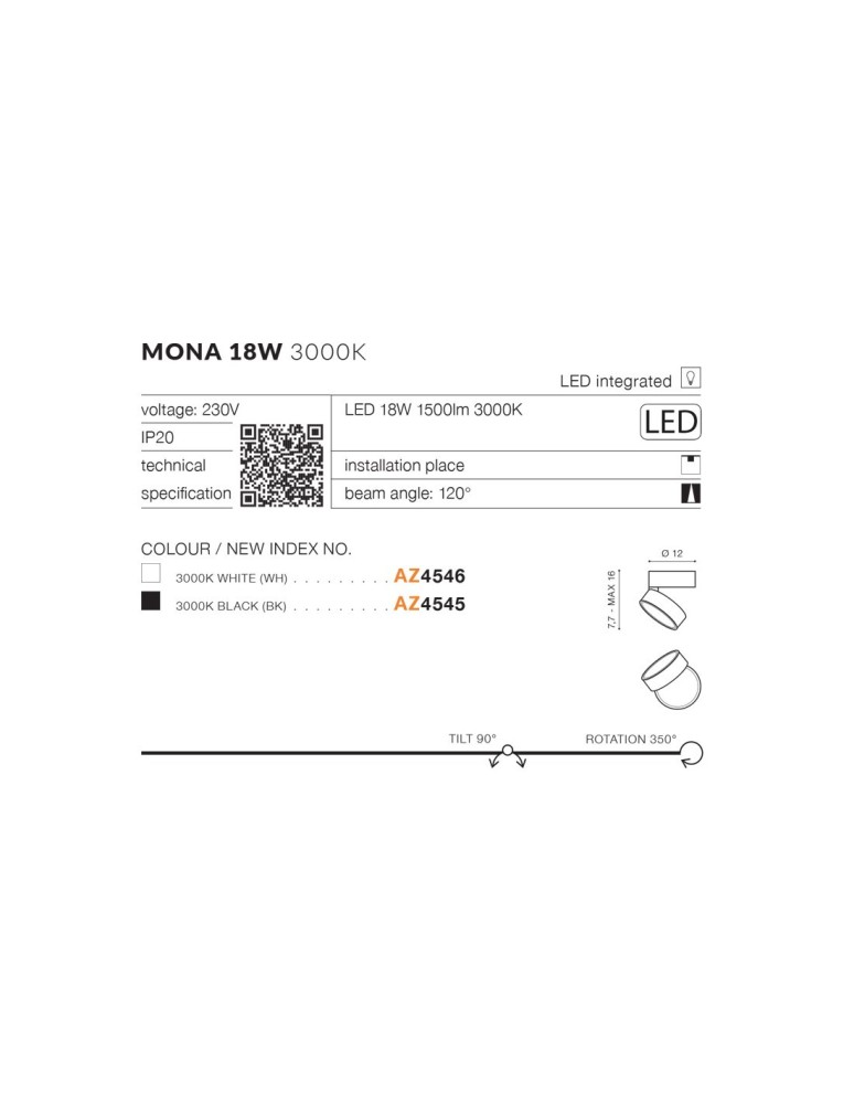 Azzardo MONA LED 18W 1500lm 3000K Biały Sufitowa AZ4546