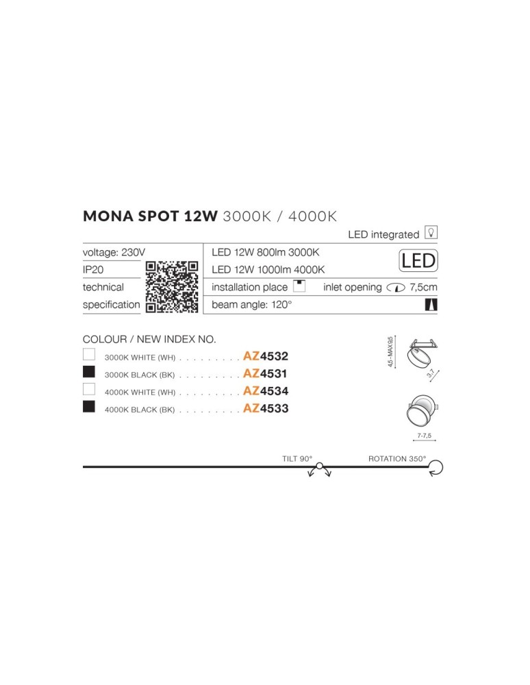 Reflektory wpuszczane w sufit - Azzardo MONA SPOT LED 12W 1000lm 4000K Czarny Wpuszczana AZ4533 - produkt kolory-swiatla.pl 7