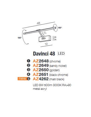 Azzardo DAVINCI 48 LED 8W 500lm 3000K Czarny mat Ścienna AZ4262 - produkt 2