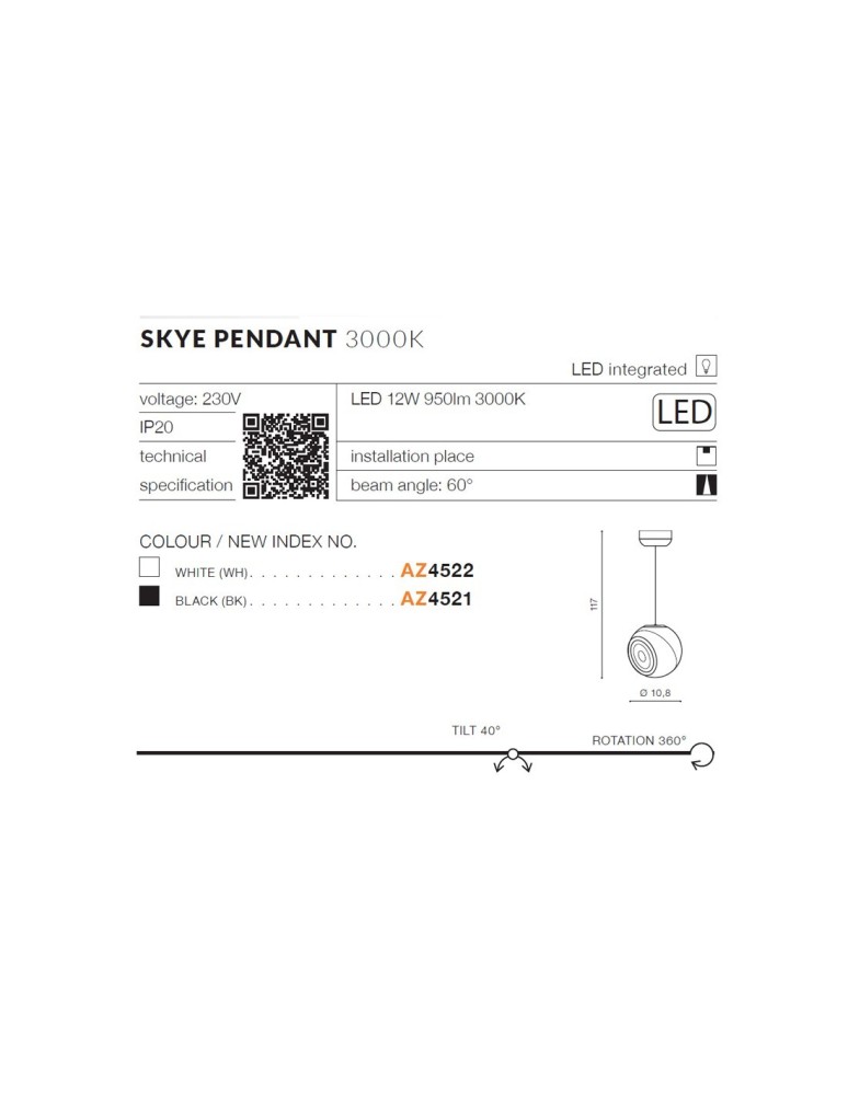 Azzardo SKYE LED 12W 950lm 3000K Czarny Wisząca AZ4521