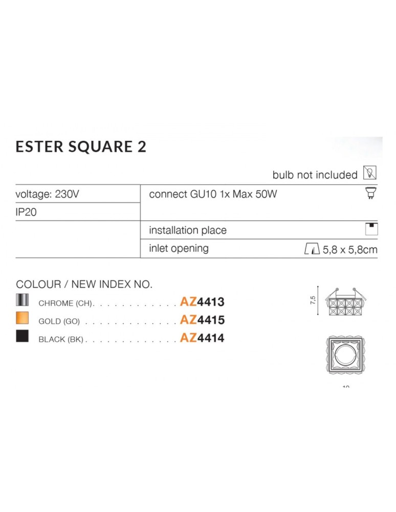 Lampy podtynkowe - oczka - Azzardo ESTER SQUARE 2 1xGU10 Złoty Wpuszczana AZ4415 - product kolory-swiatla.pl 3