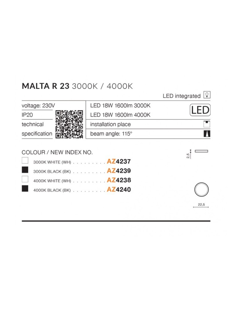 Azzardo MALTA R23 LED 18W 1600lm 4000K Biały Sufitowa AZ4238
