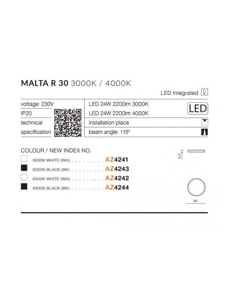 Azzardo MALTA R30 LED 24W 2200lm 3000K Czarny Sufitowa AZ4243